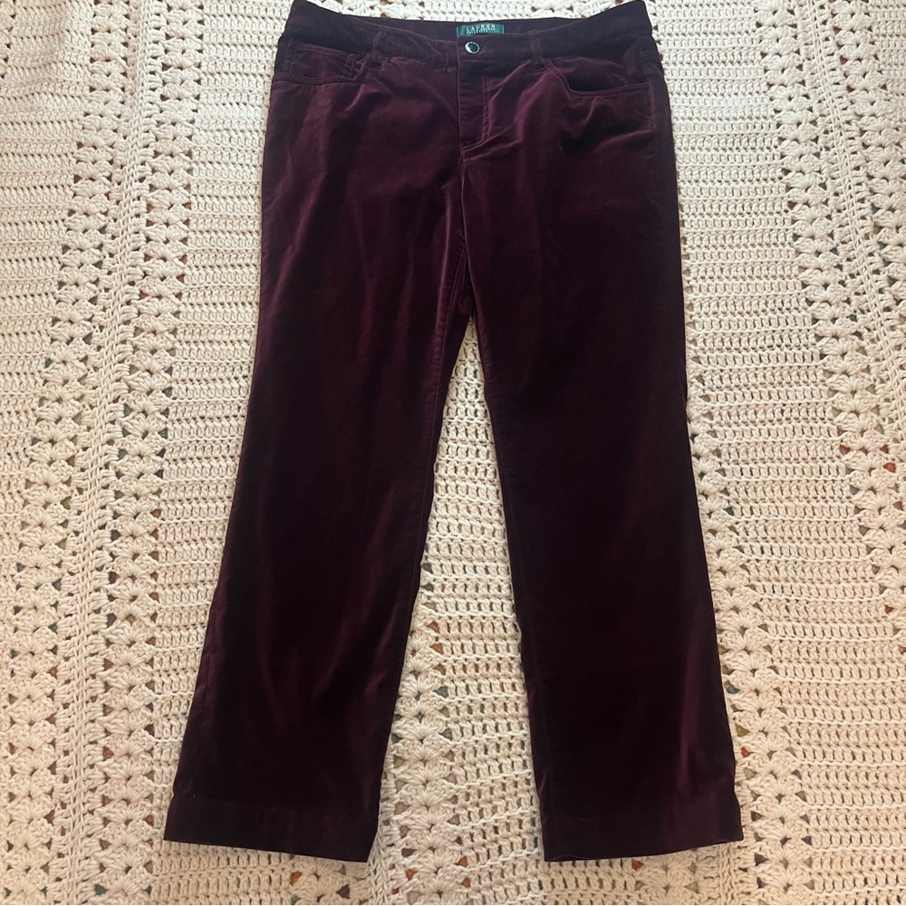 Lauren Ralph Lauren 5 Pocket Burgundy Stretch Velvet Pants 12 Petite -Shortened